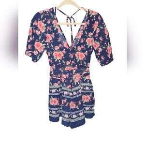 Trixie M Romper Short Sleeve Shorts Floral Coral Blue Jumpsuit One Piece WomanD